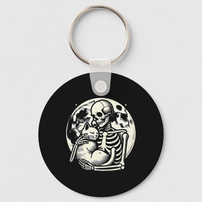 Holding Cat Spooky Skull Halloween Gothic Kitty  Keychain (Front)