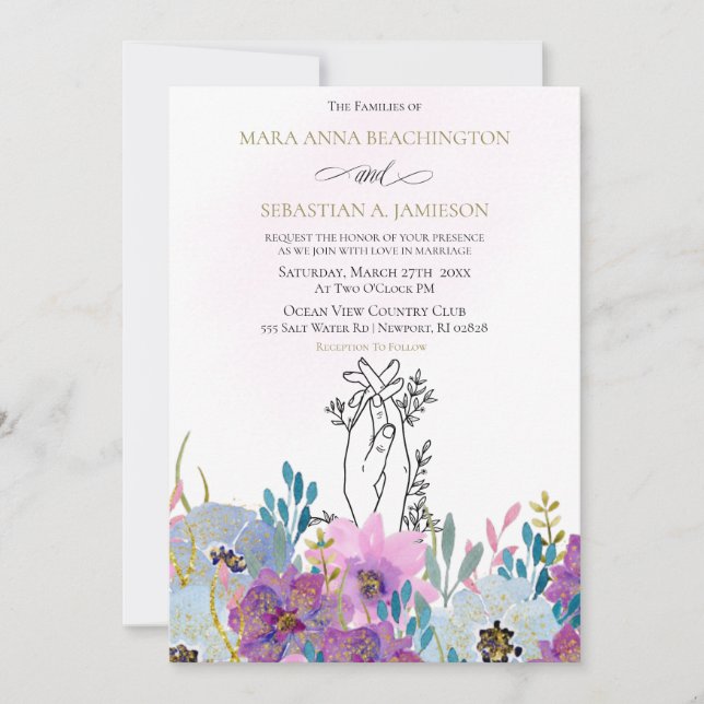 *~* Holding Hands Pink Flowers Glitter Wedding Invitation (Front)