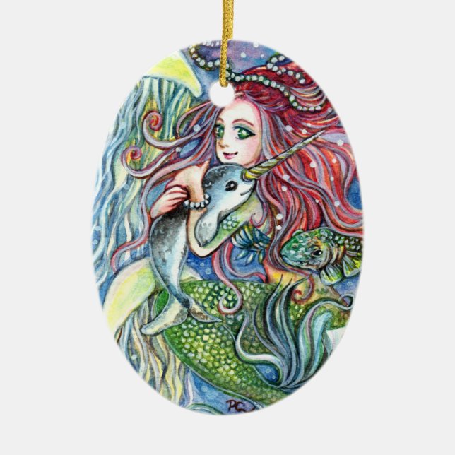 Holding Narwhal Baby - Mermaid Art Ceramic Ornament (Front)