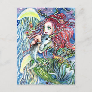 Holding Narwhal Baby - Mermaid Art Postcard