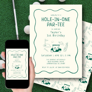 Hole In One 1st Birthday Par-tee Hand Drawn Green Invitation
