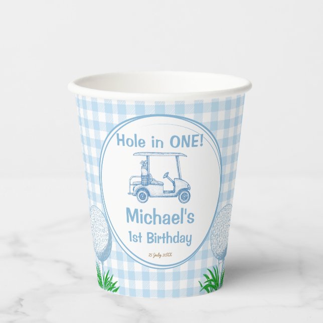Hole in one blue gingham golf party monogrammed paper cups (Front)