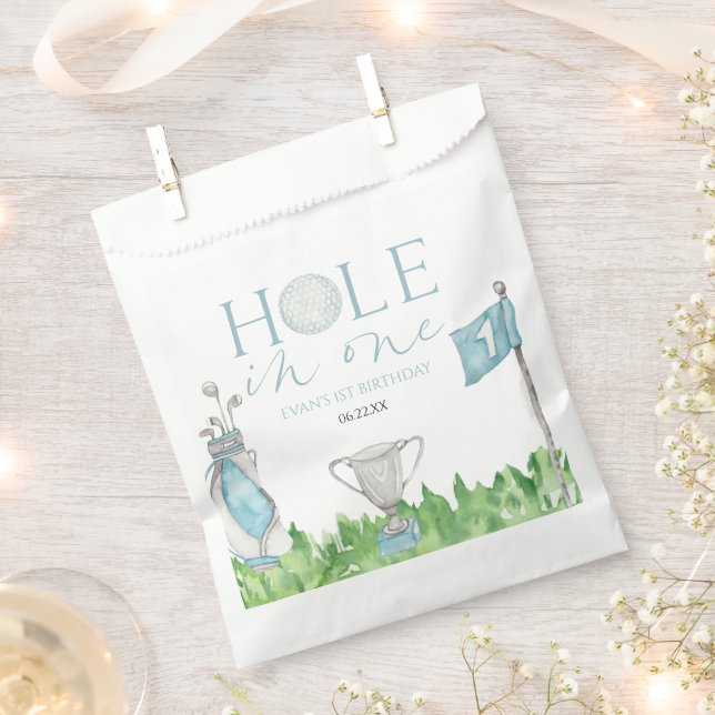 Hole In One Blue Golf 1st Birthday Party Favour Bag (Clipped)