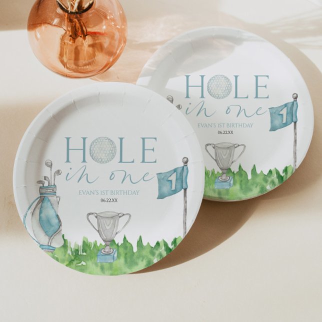 Hole In One Blue Golf 1st Birthday Party Paper Plate (Creator Uploaded)