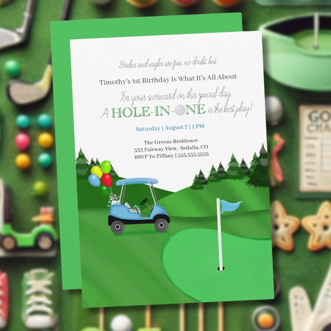 Hole In One Blue Golf Cart 1st Birthday  Invitation (Creator Uploaded)