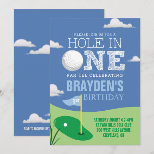Hole in One Blue Golf Theme Boys First Birthday Invitation
