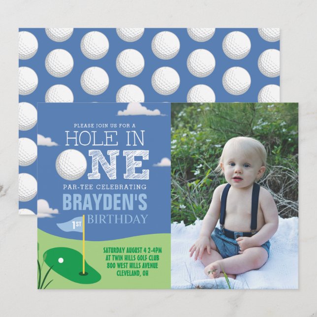 Hole in One Blue Golf Theme Boys First Birthday Invitation (Front/Back)