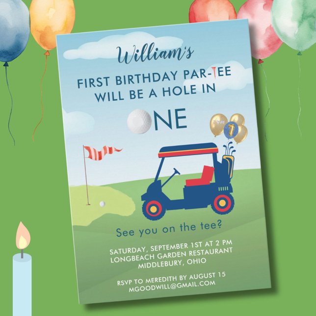 Hole In One Boy Golf Cart Par-tee 1st Birthday  Invitation (Creator Uploaded)