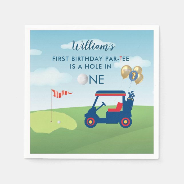 Hole In One Boy Golf Par-tee 1st Birthday Cocktail Napkin (Front)