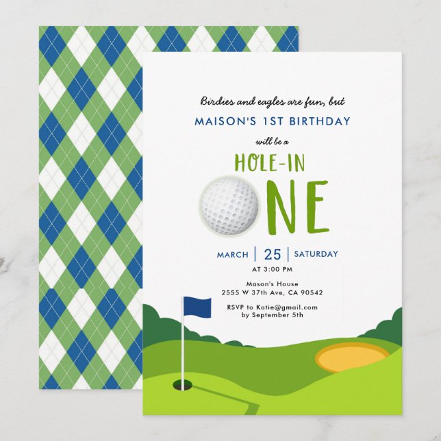 Hole In One Golf 1st Birthday Party Invitation (Front/Back)