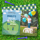 Hole In One Golf 1st Birthday Photo Thank You Card<br><div class="desc">Say thank you in style with these trendy 1st birthday thank you cards. The template wording is easy to personalize and your family and friends will be thrilled when they receive these fabulous thank yous.</div>