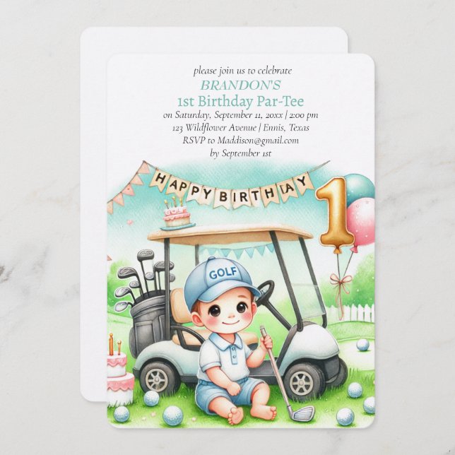 Hole in One Golf Boy 1st Birthday Par-Tee Invitation (Front/Back)