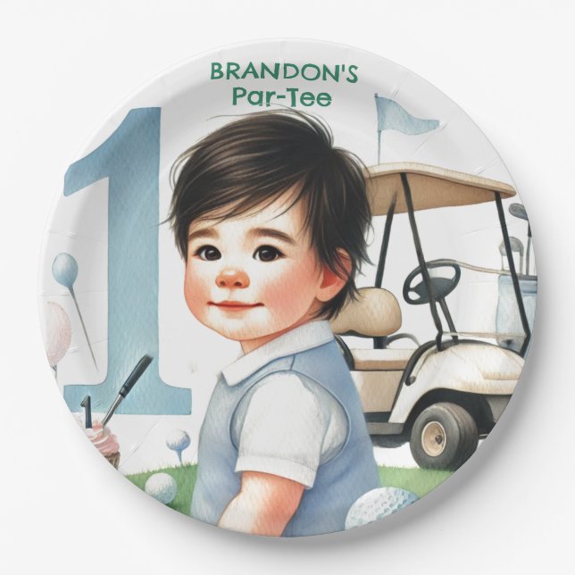 Hole in One Golf Boy 1st Par-tee Birthday Paper Plate (Front)