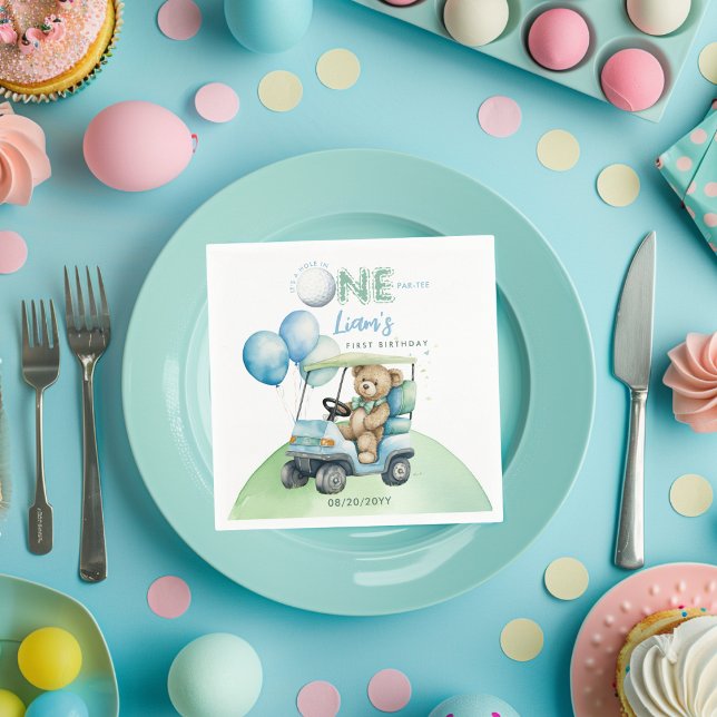 Hole In One Golf Boy First Birthday Par-Tee Bear Napkin (Creator Uploaded)
