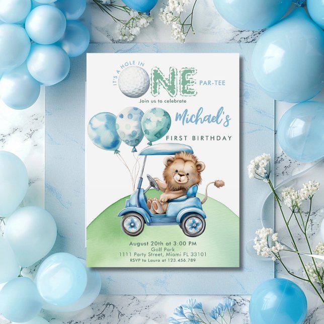 Hole In One Golf Boy First Birthday Par-Tee Lion Invitation (Creator Uploaded)