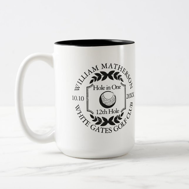 Hole in One Personalised Black and White Golf Two-Tone Coffee Mug (Left)