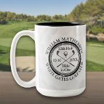 Hole in One Personalized Golf Ball Two-Tone Coffee Mug<br><div class="desc">Featuring an aged stamp effect classic retro design on a golf ball background. Personalize the name,  location hole number and date to create a great golf keepsake to celebrate that fantastic hole-in-one. Designed by Thisisnotme©</div>