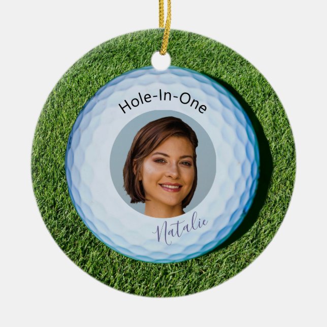 Hole-In-One Photo Signed Golf Ball Ceramic Ornament (Front)