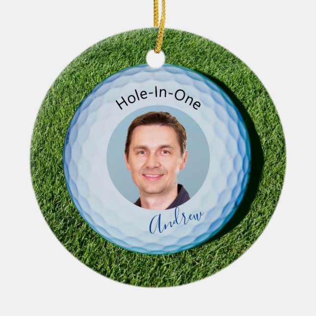 Hole In One Photo Signed Name Golf Ball Ceramic Ornament (Front)