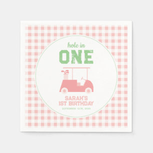 Hole in One Pink Check Girl First Birthday Napkin
