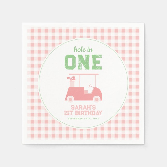 Hole in One Pink Check Girl First Birthday Napkin (Front)