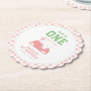 Hole in One Pink Check Girl First Birthday Paper Coaster