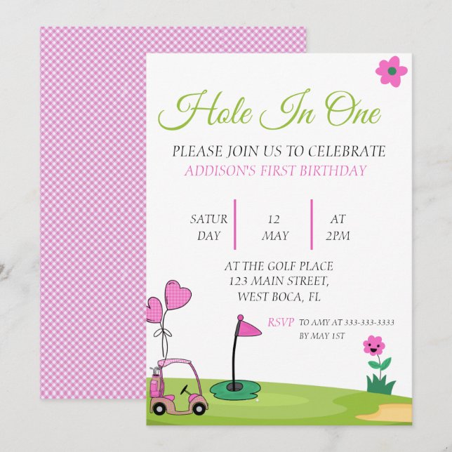 Hole In one  Pink Girl Golf 1st Birthday  Invitation (Front/Back)