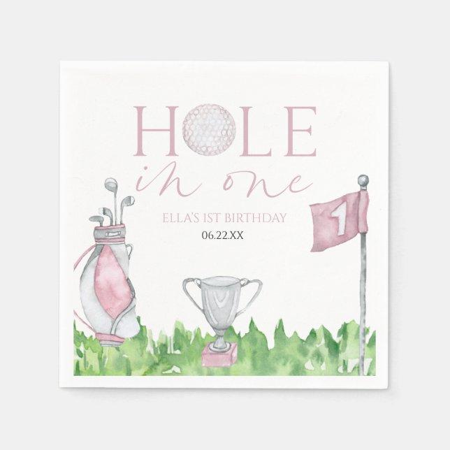 Hole In One Pink Golf 1st Birthday Party Napkin (Front)