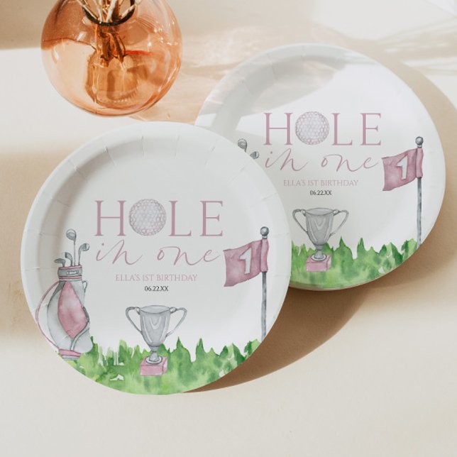Hole In One Pink Golf 1st Birthday Party Paper Plate (Creator Uploaded)