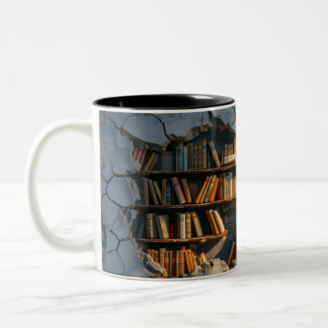 Hole in the Wall Bookshelf 3D like Two-Tone Coffee Mug (Left)
