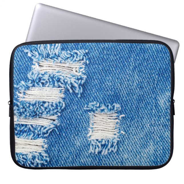 Hole on Denim Jeans. Ripped Destroyed Torn Blue je Laptop Sleeve (Front)