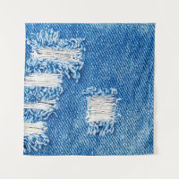 Hole on Denim Jeans. Ripped Destroyed Torn Blue je