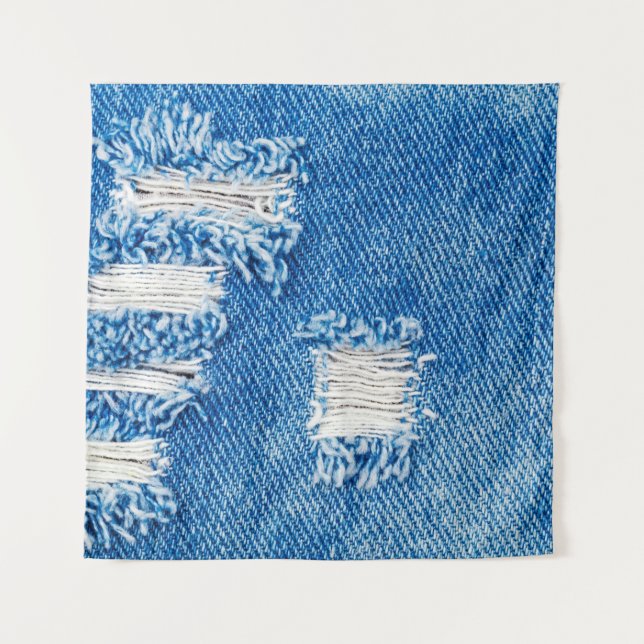 Hole on Denim Jeans. Ripped Destroyed Torn Blue je Tapestry (Front)