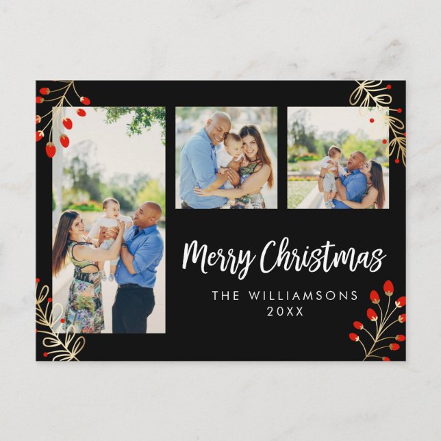 Holiday 3 Photo Card | Red Berries & Gold Leaves (Front)