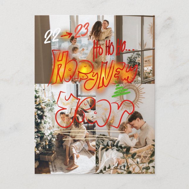 Holiday 3 Photos | Modern Happy New Year Tree Glow Postcard (Front)