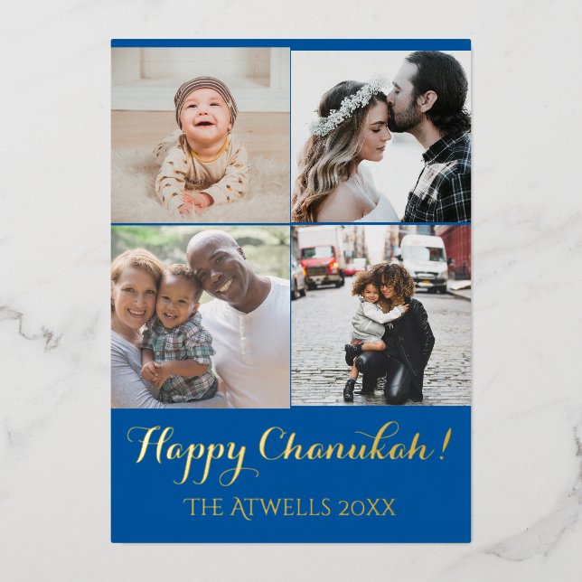 Holiday 4 Photos Happy Chanukah Pattern Blue Foil (Front)