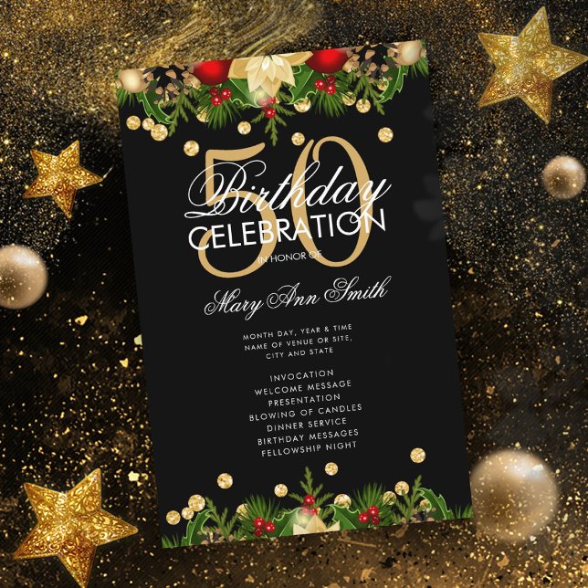 Holiday 50th Birthday Party Program Gold w/ Menu (Creator Uploaded)