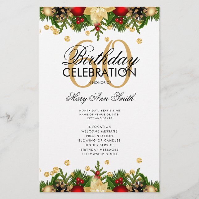 Holiday 60th Birthday Party Program Gold w/ Menu (Front)