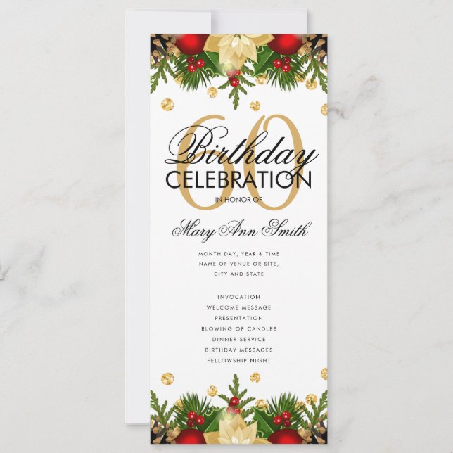 Holiday 60th Birthday Party Program Gold w/ Menu (Front)