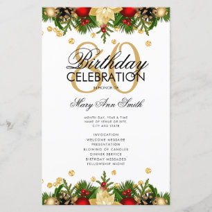 Holiday 80th Birthday Party Program Gold w/ Menu