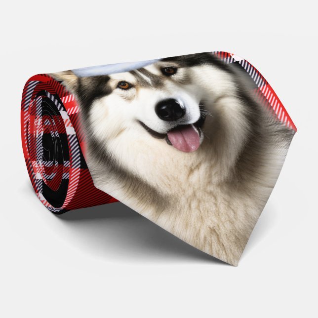 Holiday Alaskan Malamute Red White Plaid Christmas Tie (Rolled)