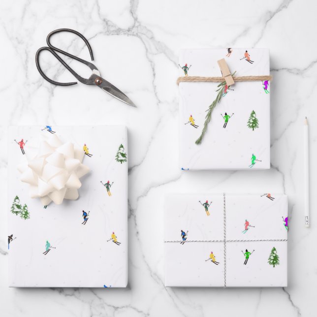 Holiday Alpine Skiers Skiing Illustration  Wrapping Paper Sheet (Front)