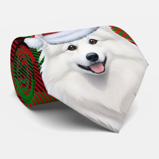 Holiday American Eskimo Dog Plaid Christmas Tie