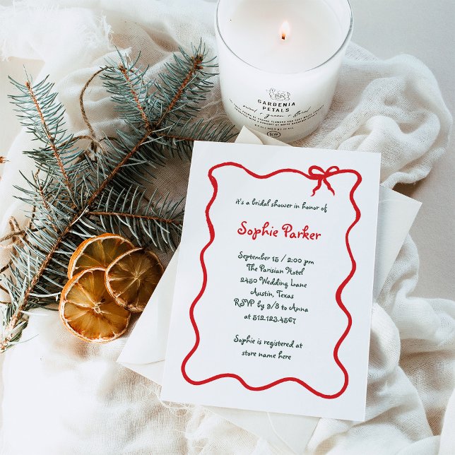 Holiday Amour | Wavy Illustrated Bow Bridal Shower Invitation (Creator Uploaded)