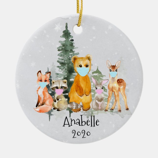 Holiday Animal Woodland personalized Face Mask Ceramic Ornament (Front)