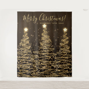 Holiday Backdrop Gold Merry Christmas Trees Tapestry
