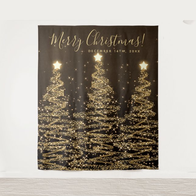 Holiday Backdrop Gold Merry Christmas Trees Tapestry (Front)
