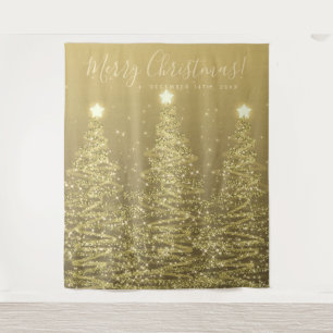 Holiday Backdrop Gold Merry Christmas Trees Tapestry