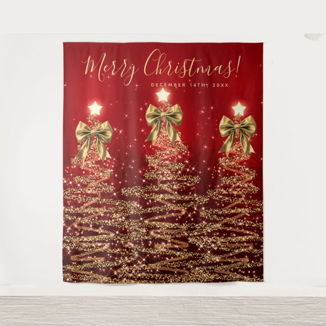 Holiday Backdrop Gold Red Christmas Trees w/ Bows Tapestry (Front)