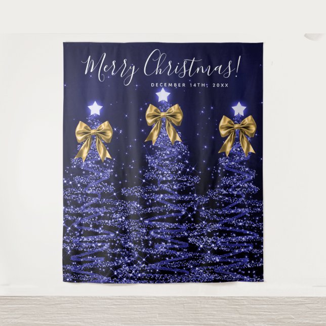 Holiday Backdrop Navy Blue Christmas Trees Gold Tapestry (Front)